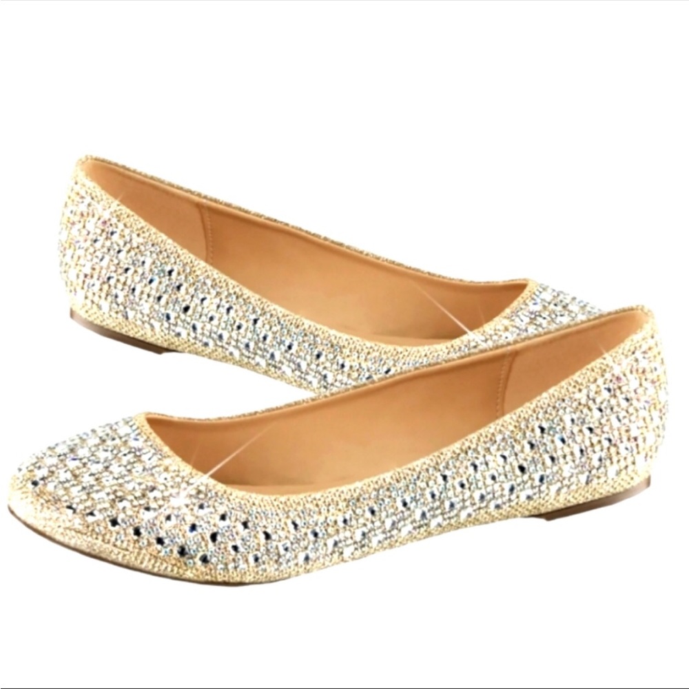 ❤️3/$30❤️NEW CRYSTAL IRIDESCENT STONE BALLET FLATS GOLD CHAMPAIGN SIZE 5